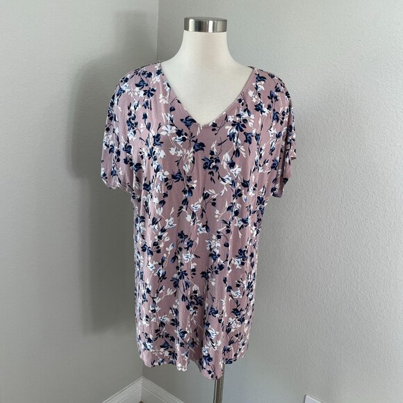 J  Jill Wearever Collection Womens XL Floral Short Sleeve V Neck Tunic Top Shirt - Picture 1 of 7